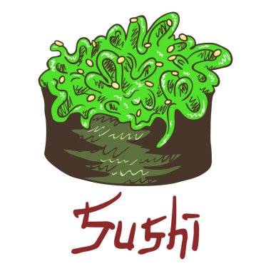 Geleneksel lezzetli suşi nigirzushi gunkan chuka deniz yosunu ve susamlı. Beyaz arkaplandaki yazıyla el çizimi izole edilmiş çizim