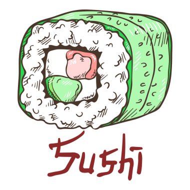 Karides eti, avokado, krem peynir ve salatalığa sarılı taze lezzetli suşi rulosu. Beyaz arkaplandaki yazıyla el çizimi izole edilmiş çizim