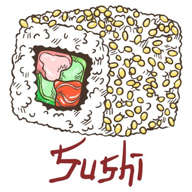 Alaska usulü taze suşi, yengeç eti, karides, avokado, salatalık, susam. Beyaz arkaplandaki yazıyla el çizimi izole edilmiş çizim