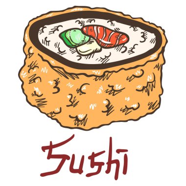 Lezzetli sıcak suşi rulosu, salatalık, avokado, somon filetosu, hamurda krem peynir. Beyaz arkaplandaki yazıyla el çizimi izole edilmiş çizim