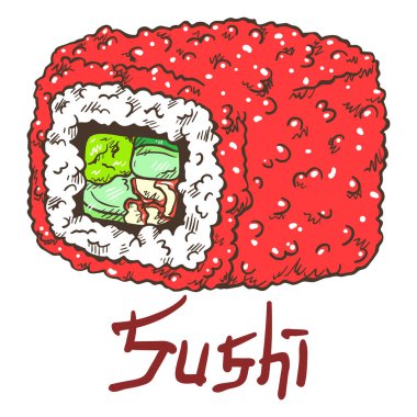 Kırmızı tobiko balığı havyarı, wasabi, avokado, salatalık ve yengeç etiyle California usulü taze suşi rulosu. Beyaz arkaplandaki yazıyla el çizimi izole edilmiş çizim