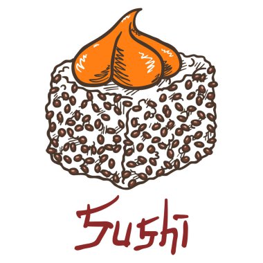 Krema ve siyah susamlı lezzetli sıcak suşi rulosu. Beyaz arkaplandaki yazıyla el çizimi izole edilmiş çizim