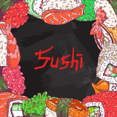 Makizushi, nigirzushi, gunkan, rulo Philadelphia, California, Alaska, somon, salatalık, avokado, ton balığı, tobiko ve somonlu sıcak fırında suşi.