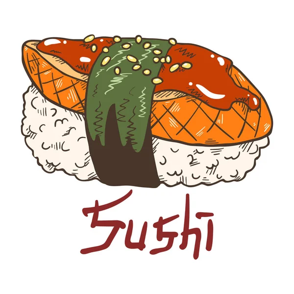 うなぎの切り身 ソース 海苔を燻製にした伝統的な新鮮なおいしい寿司握り寿司 白地に銘文のある独立した挿絵を手描き — ストックベクタ