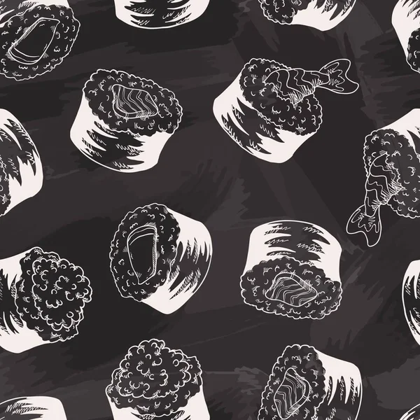 Nahtloser Hintergrund Mit Einem Muster Von Handgezeichnetem Sushi Set Mit — Stockvektor