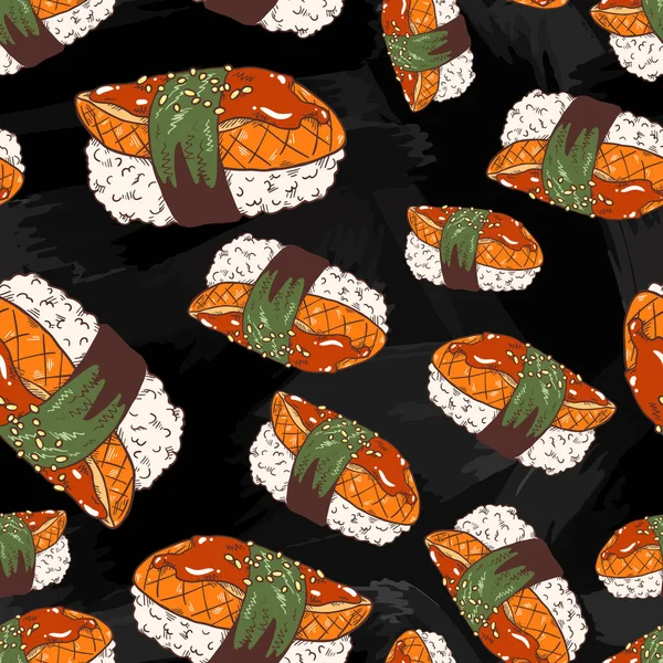 Fond Sans Couture Avec Motif Sushi Nigirizushi Traditionnel Délicieux Dessiné — Image vectorielle