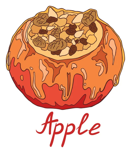 クルミ アーモンド レーズンの充填と蜂蜜キャラメルで焼きりんご 白地に銘文のある独立した挿絵を手描き — ストックベクタ