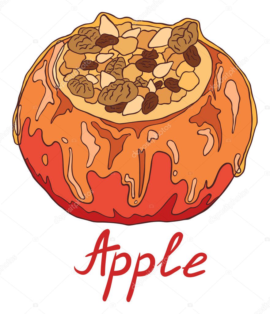 Baked apple in honey caramel with a filling of walnuts, almonds and raisins. Hand drawn isolated illustration with the inscription on a white background