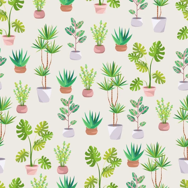 Ev bahçesi. Canavar, Dracaena, Ficus, Zamioculcas, Aloe vera. Palmiye ağaçları ve sulu bitkiler. Şirin ev bitkileri. Doğa. Çizgi film çizimi. Desenli pürüzsüz açık gri arkaplan.