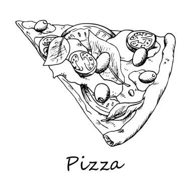 Ev restoranından taze İtalyan sebzeli vejetaryen pizza. Kestik. İçinde domates, zeytin, peynir ve fesleğen var. Eski usul mürekkep çizimi. İzole edilmiş.