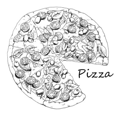 Ev restoranından taze İtalyan sebzeli vejetaryen pizza. Kesik kesikli yuvarlak pizza. İçinde domates, zeytin, peynir ve fesleğen var. Eski usul mürekkep çizimi. İzole edilmiş