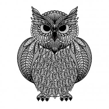 Baykuşun elle çizilmiş izole. Dövme sanatı, boyama kitapları için. Siyah beyaz versiyonu. Vektör illüstrasyon. Eps 10