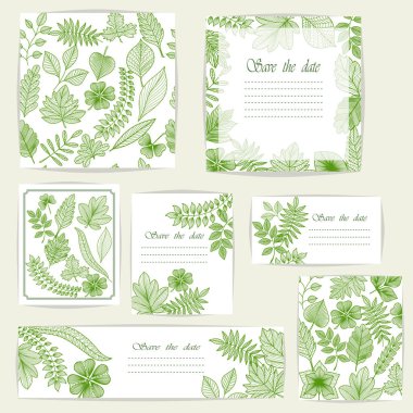 Yeşil yaprakları, tasarım elemanları ile güzel kartlar ve dikişsiz desen ayarlayın. Doğum günü için kullanılabilir, Sevgililer Günü, Anneler Günü, düğün kartları, davetiyeler, selamlar. Vektör illüstrasyon. Eps 10
