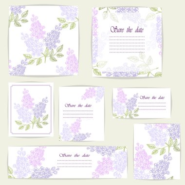 Lila çiçekler, tasarım elemanları ile güzel kartlar ve dikişsiz desen ayarlayın. Doğum günü için kullanılabilir, Sevgililer Günü, Anneler Günü , düğün kartları, davetiyeler, selamlar. Vektör illüstrasyon. Eps 10