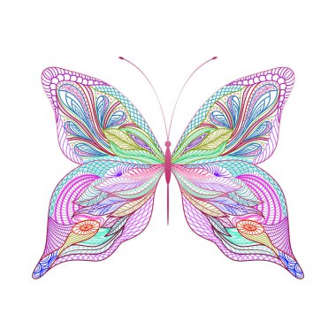 Elle çizilmiş karalama elementi kelebek vektöründe. Etnik tasarım. Renkli versiyonu. Eps 10