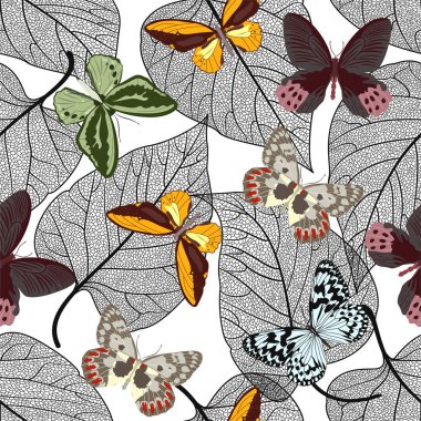 Yaprak ve kelebekler ile güzel sorunsuz desen. Vektör illüstrasyon. Eps 10.