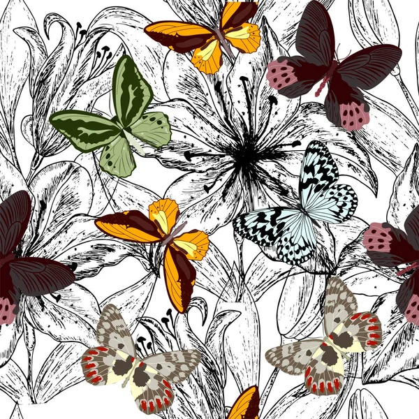 Çiçekler Lily ve kelebekler ile güzel sorunsuz desen. Vektör illüstrasyon. Eps 10.