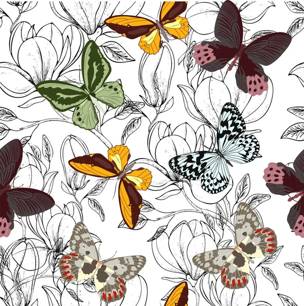 Hermoso Patrón Sin Costuras Con Flores Magnolia Mariposas Ilustración Vectorial — Vector de stock