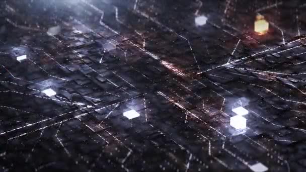 Цифровой фон с неоновой цепью и кубом — стоковое видео