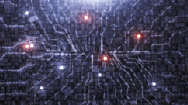3D render Digital bakgrund med neon circuit och kub — Stockfoto