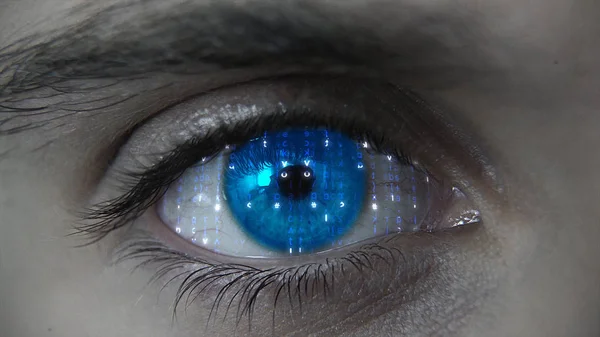 Macro blue neon futuristic HUD eye plan — Stock Photo, Image