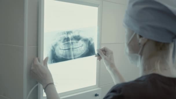 Mujer dentista buscando mandíbula de rayos X — Vídeo de stock