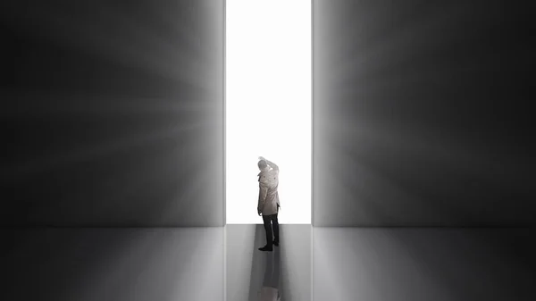 3D renderizado Hombre solitario de pie frente a la enorme puerta — Foto de Stock
