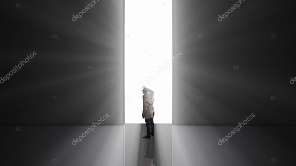 3D rendering Lonely man standing in front of the huge gate