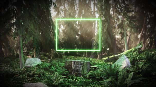 Świt w lesie z neonowym prostokątem — Wideo stockowe