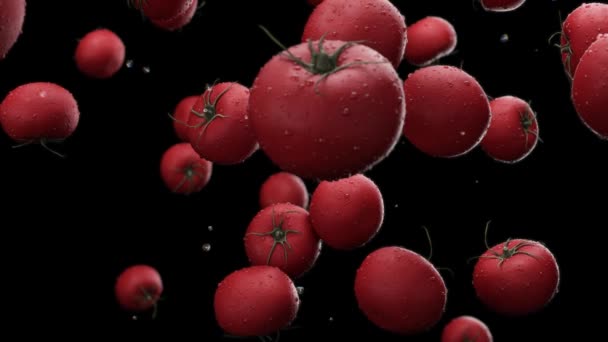 Падающие помидоры с каплями воды — стоковое видео