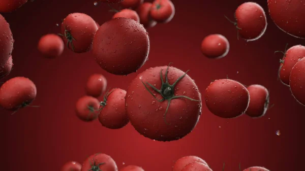 3D-Rendering fallender Tomaten mit Wassertropfen auf rotem Hintergrund — Stockfoto