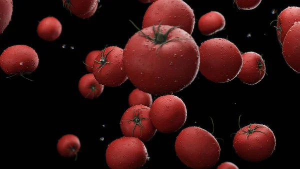 3d render La caída de tomates con gotas de agua — Foto de Stock