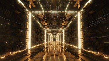 3d render altın Dijital fütüristik neon tünel