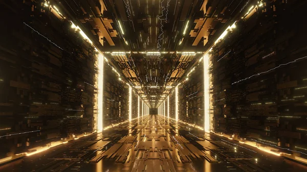 3Dレンダリングゴールドデジタル未来ネオントンネル — ストック写真