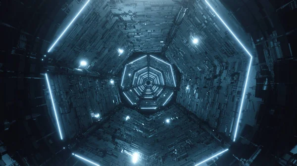 Rendering 3D Tunnel neon futuristico digitale astratto — Foto Stock