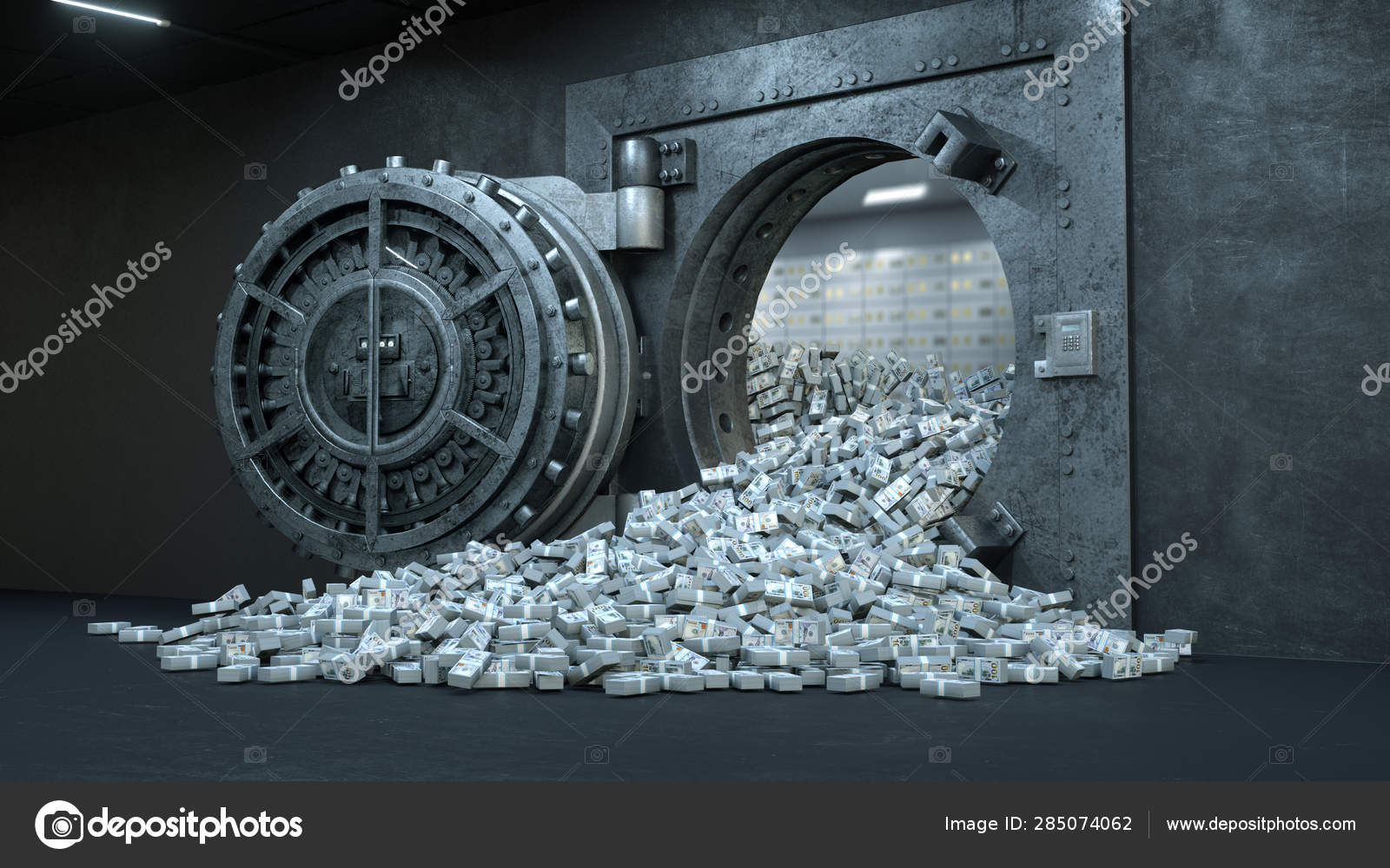 3d render Opening Of The Vault Door In Bank with a lot of money — Stock