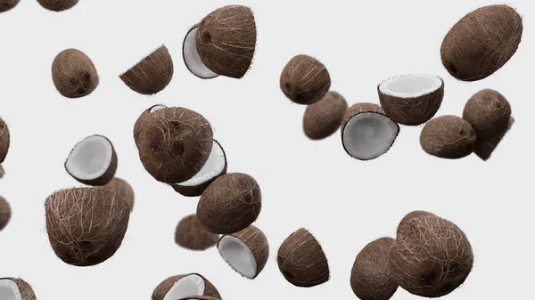 3D göra fallande kokosnötter på en vit bakgrund — Stockfoto