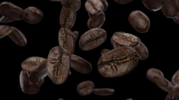 Caduta chicchi di caffè su uno sfondo nero — Video Stock