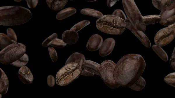 stock image 3d render Falling coffee grains on a black background