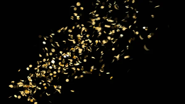 Foto lateral de confetes coloridos e dourados em um fundo preto — Fotografia de Stock