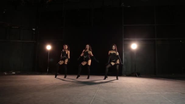 Dancing girls in stockings on black background — Stok Video