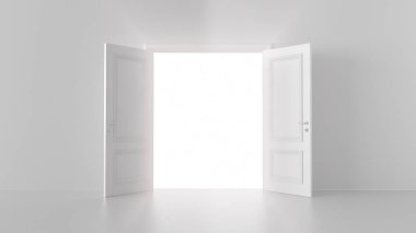 Parlak bir odada, açık bir kapının üç boyutlu parlaklığı.