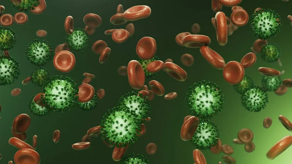 3D machen rote Blutkörperchen mit Coronavirus fliegen — Stockfoto