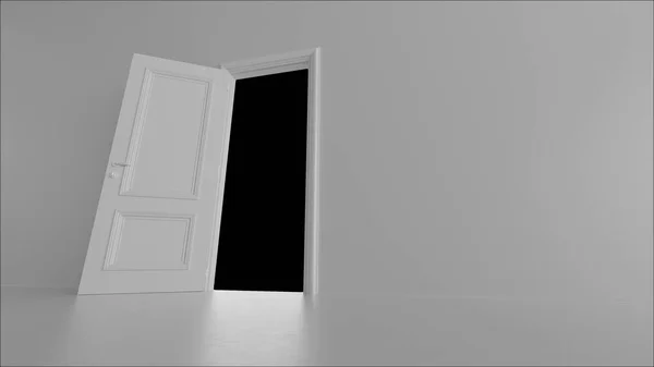 3D візуалізація відкритих дверей у світлій кімнаті на чорному тлі — стокове фото