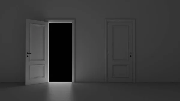 3d render open door in dark room on a black background — Stock Photo, Image