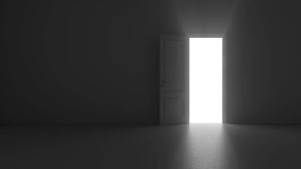3d vykreslit otevřené dveře zářit v tmavé místnosti — Stock fotografie