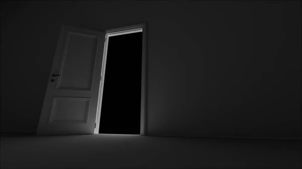 3D візуалізація відкритих дверей у темній кімнаті на чорному тлі — стокове фото