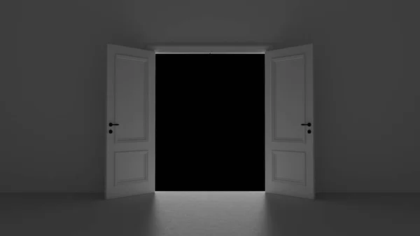 3D καθιστούν ανοιχτή πόρτα σε σκοτεινό δωμάτιο σε μαύρο φόντο — Φωτογραφία Αρχείου