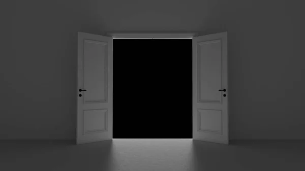 3d render open door in dark room on a black background