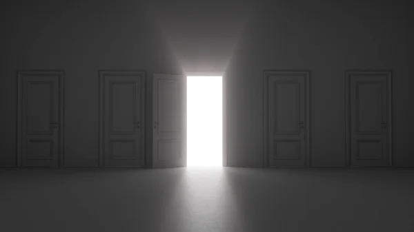 暗い部屋で3Dレンダリングオープンドアの輝き — ストック写真